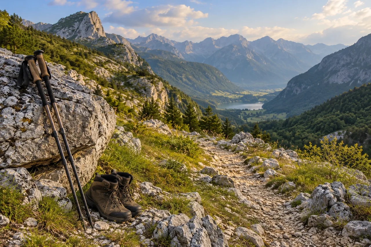Walking equipment beside a Gusinje-inspired mountain trail