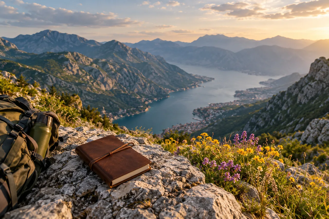 Travel notebook overlooking Montenegro-inspired mountains