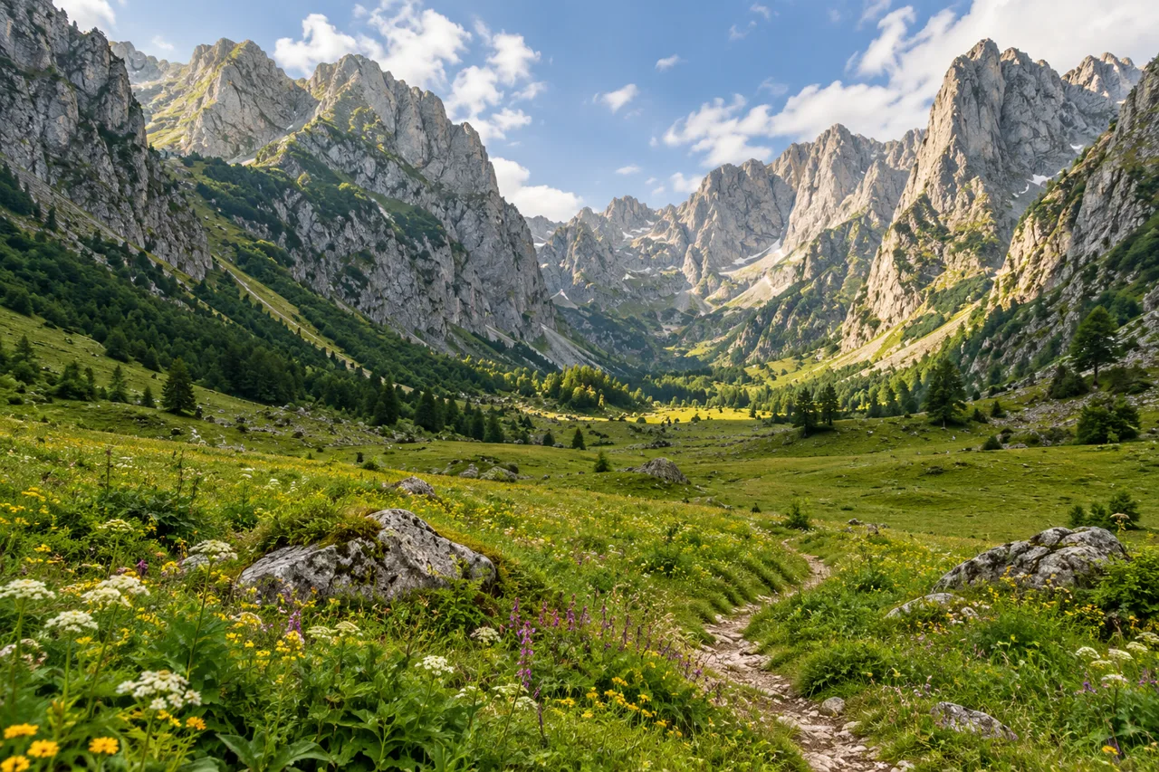 Green meadow and limestone walls inspired by Grebaje Valley