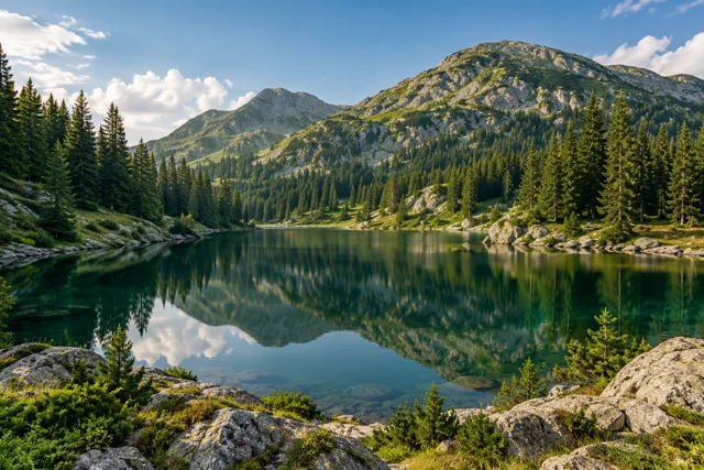 Forest-fringed alpine water inspired by Hrid Lake