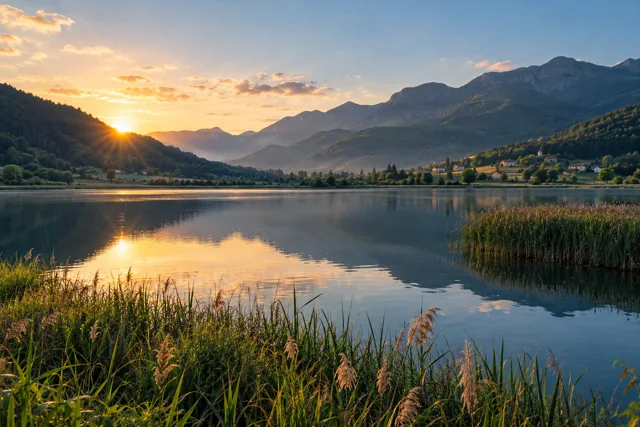 Reeds and mountain reflections inspired by Lake Plav