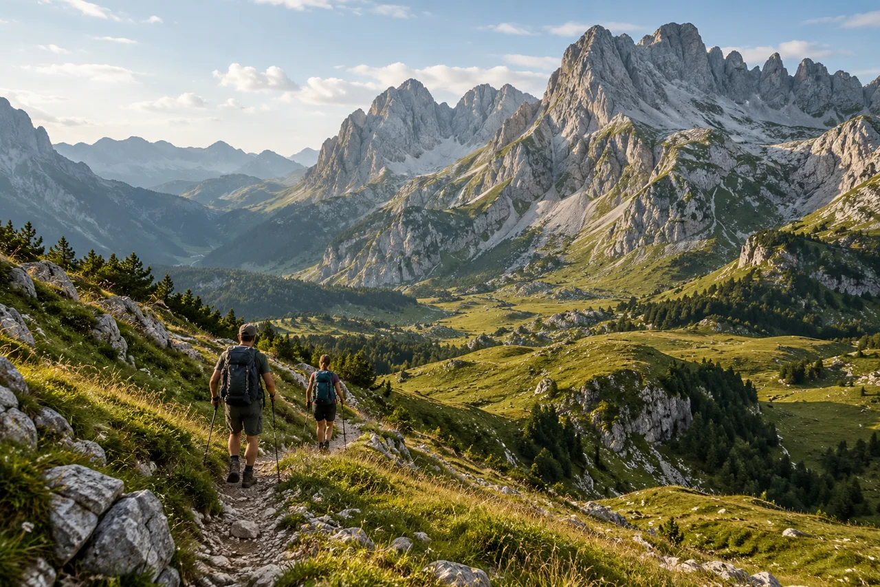 Hikers on a Prokletije-inspired trail